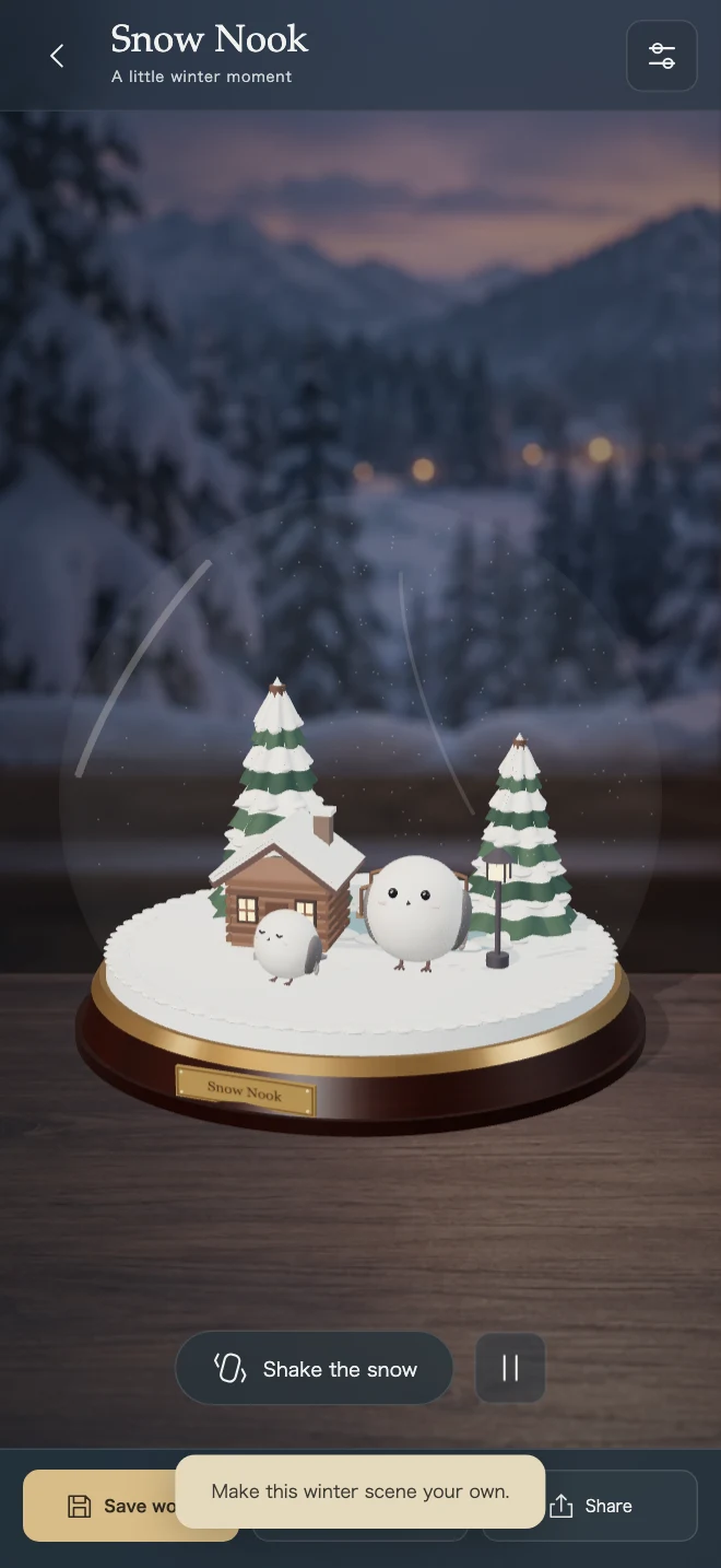 A tiny cabin, little birds, and a winter world made by you.